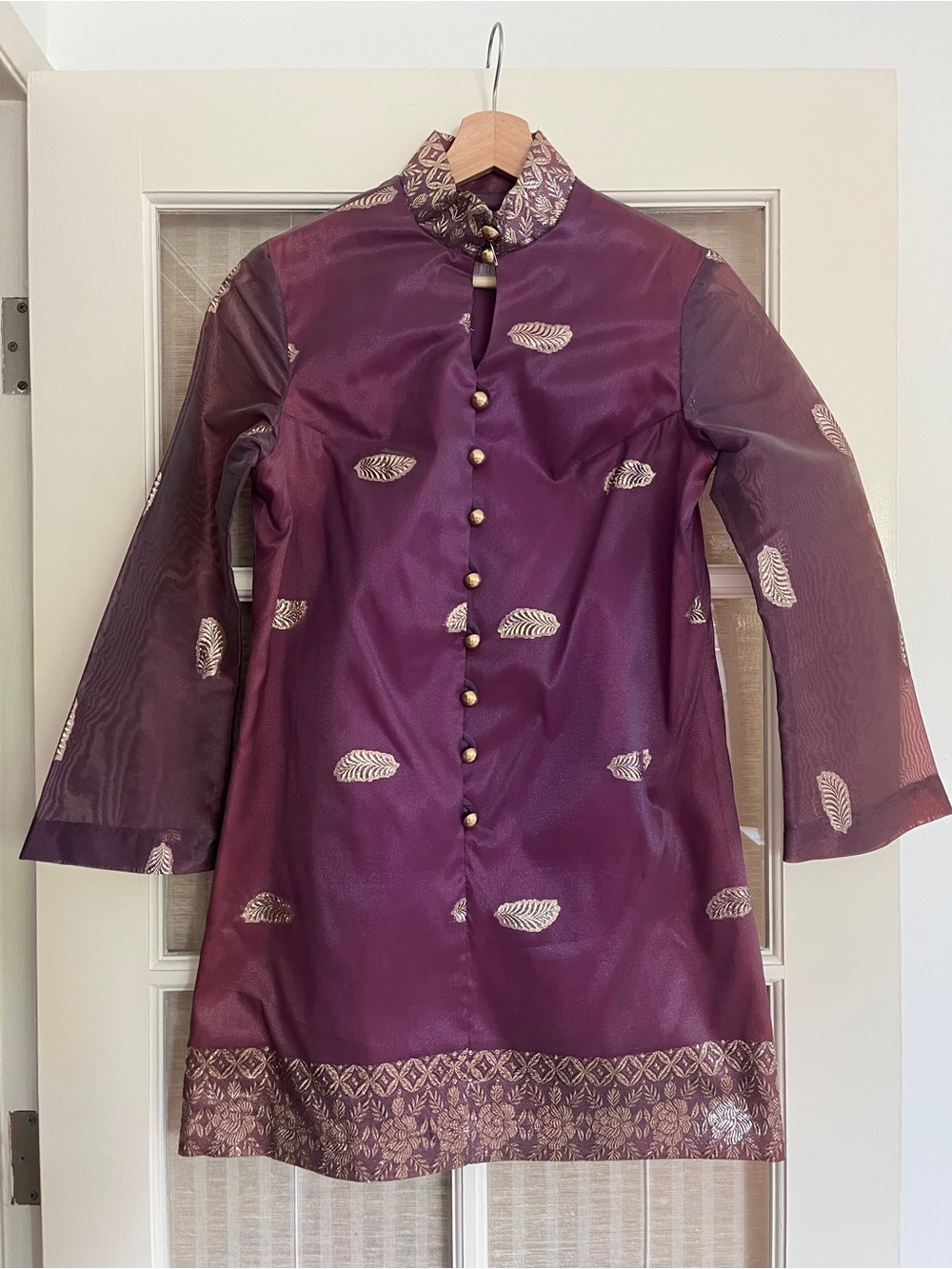 Vintage 60s Purple Mandarin Collar Mini Hostess Dress with Gold Embroidery